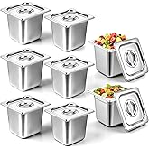 8 Pack Stainless Steel Hotel Pans, 1/6 Size Hotel Steam Table Pan 6 Inch Deep With Lids, Stainless Steel Restaurant Food Prep Tray Buffet Container for Catering Commercial Kitchen Use, 7''L x 6.5''W