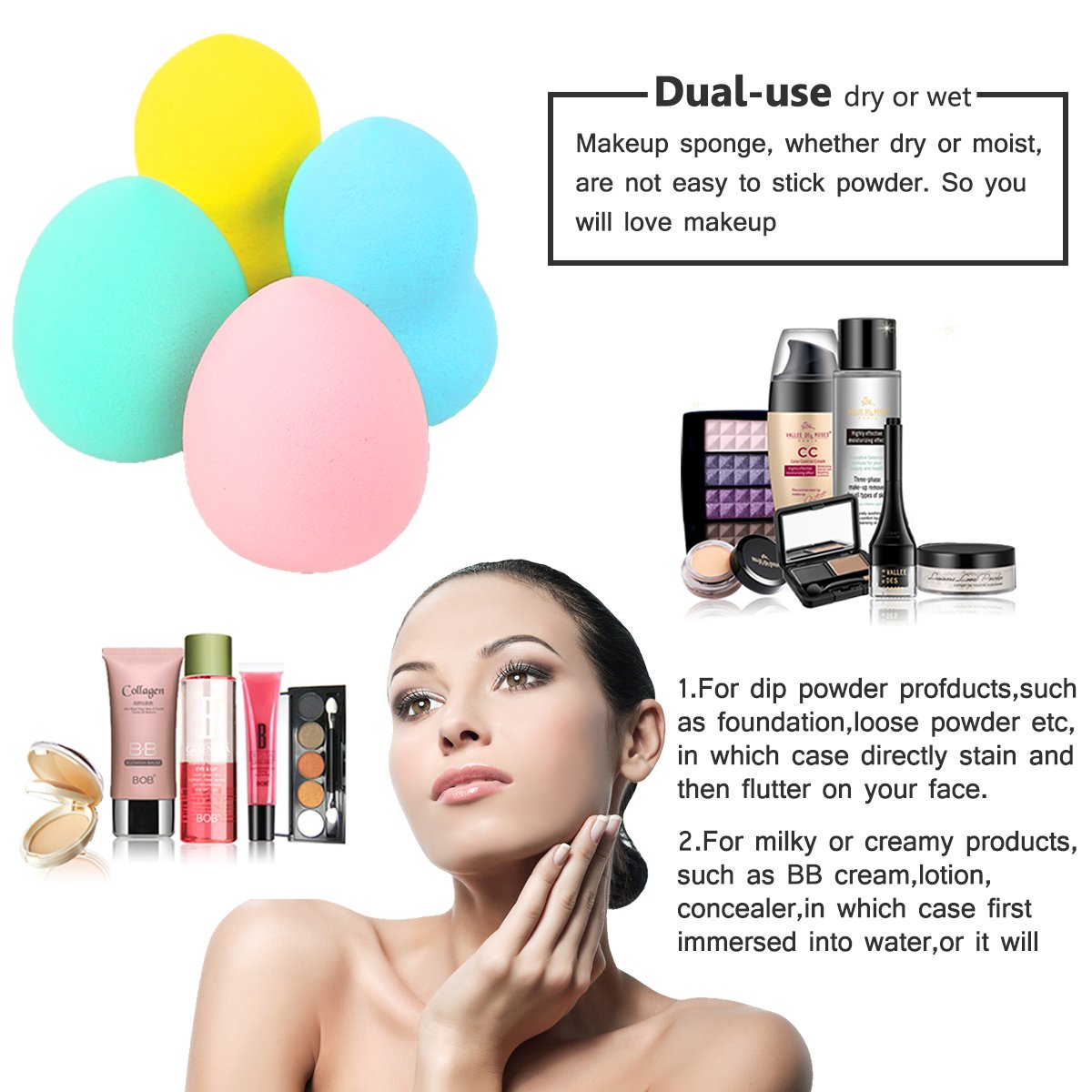 JER 4Pcs Beauty Sponge Women Makeup Blender Sponges Waterdrop Gourd Shape Face Foundation Puff for Concealer, Powder, Cream - Latex-Free & Allergy-Free