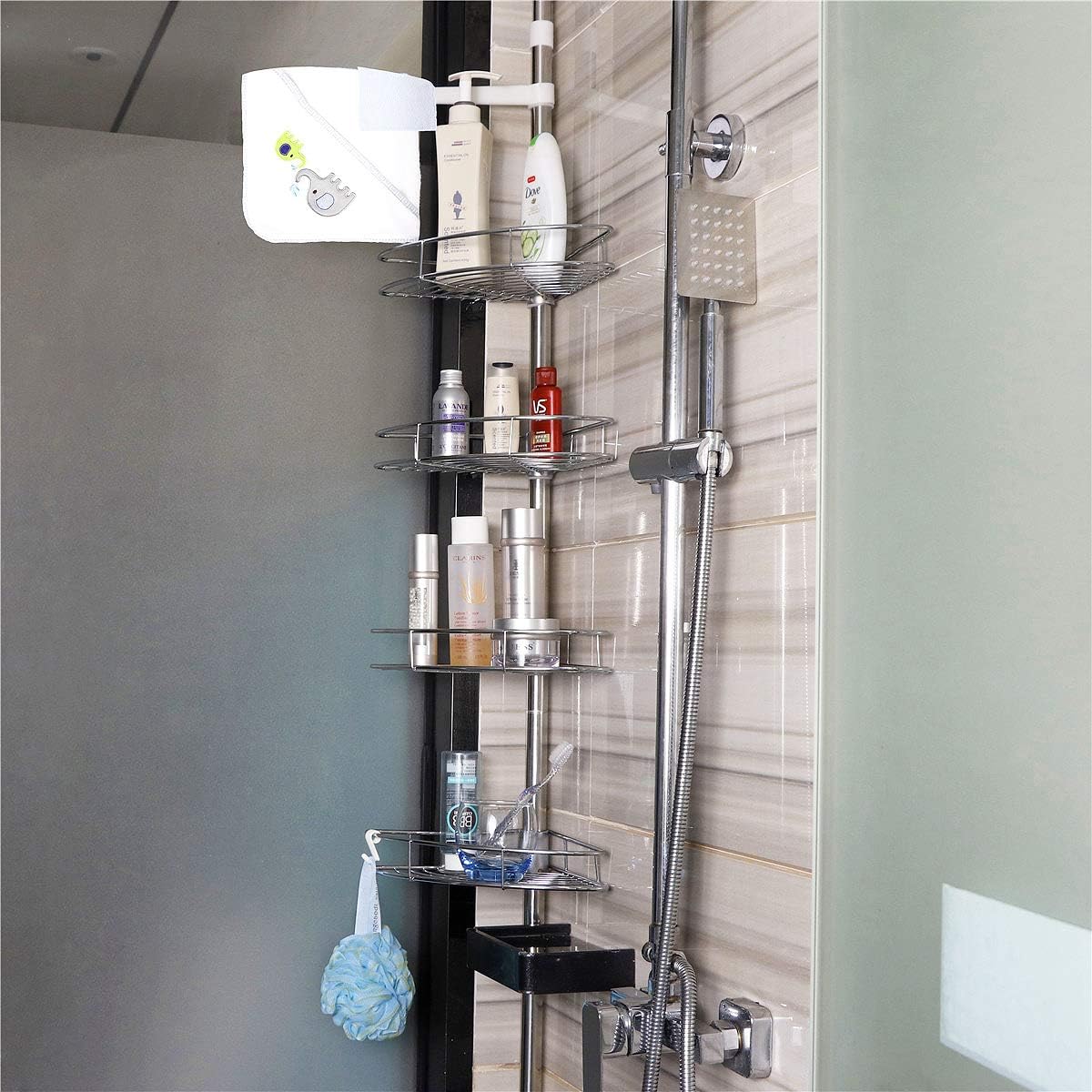 CrazyLynX Shower Caddy Nail Free, Rust Free Stainless Steel 4 Tier Adjustable Bathroom Corner Shelves Telescopic Organiser Storage Shower Tidy 105cm-310cm
