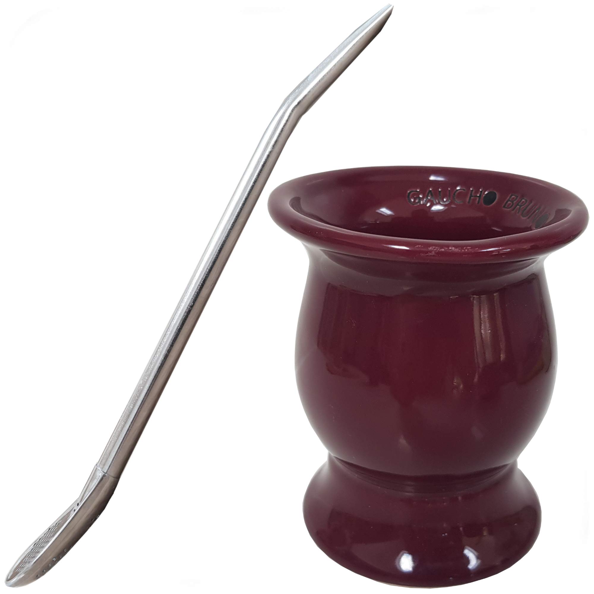 Gaucho Bruno Yerba Mate Cup and Straw Set - Ceramic Gourd Traditional Shaped Mug, Stainless Steel Bombilla Drinking Straw - Reusable Home and Travel Drinks Kit