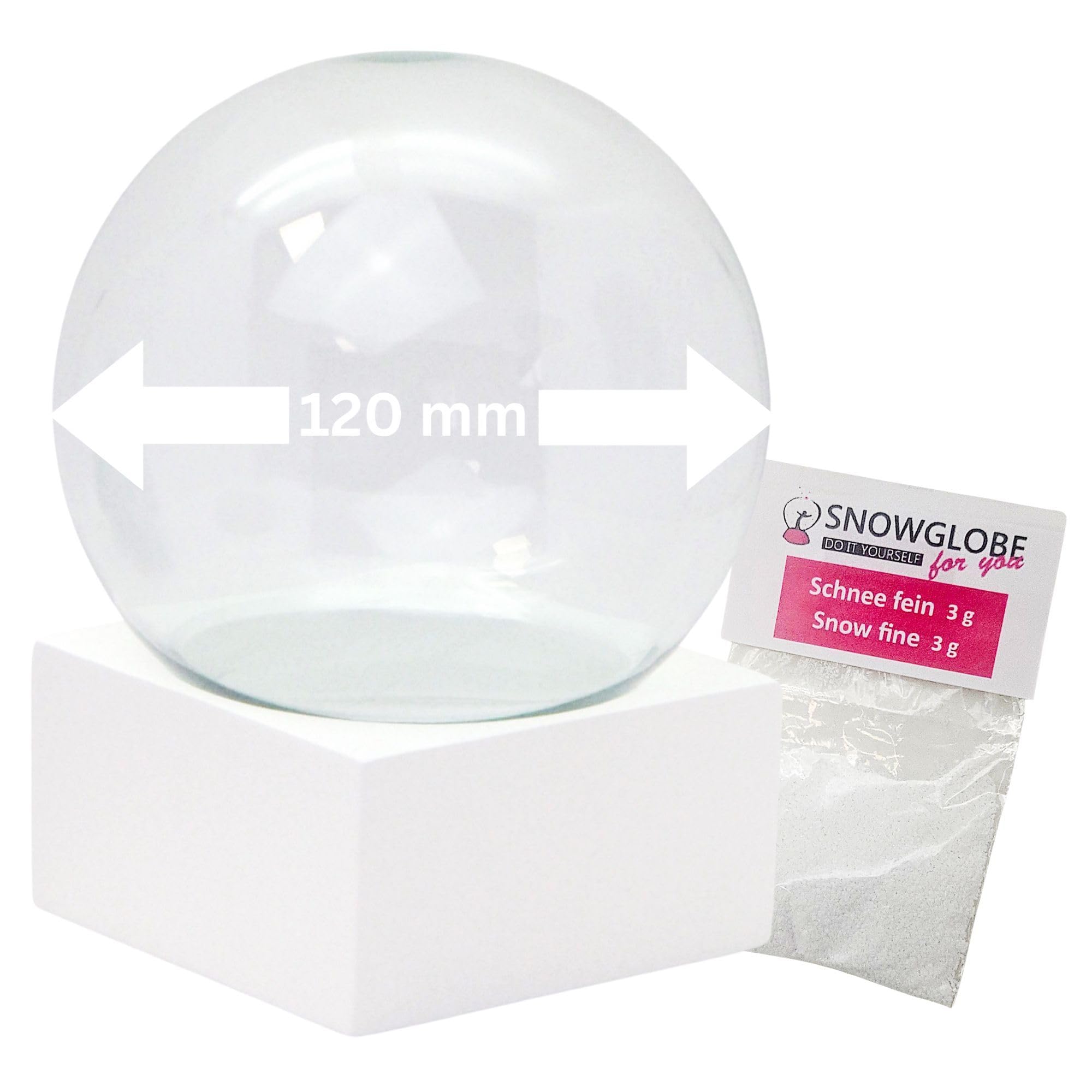120 mm Do-it-Yourself Snow Globe Craft Set | 1 x Snow | Glass Ball with Base White Square Straight Pure-Line | W: 120 mm H: 140 mm | 40099