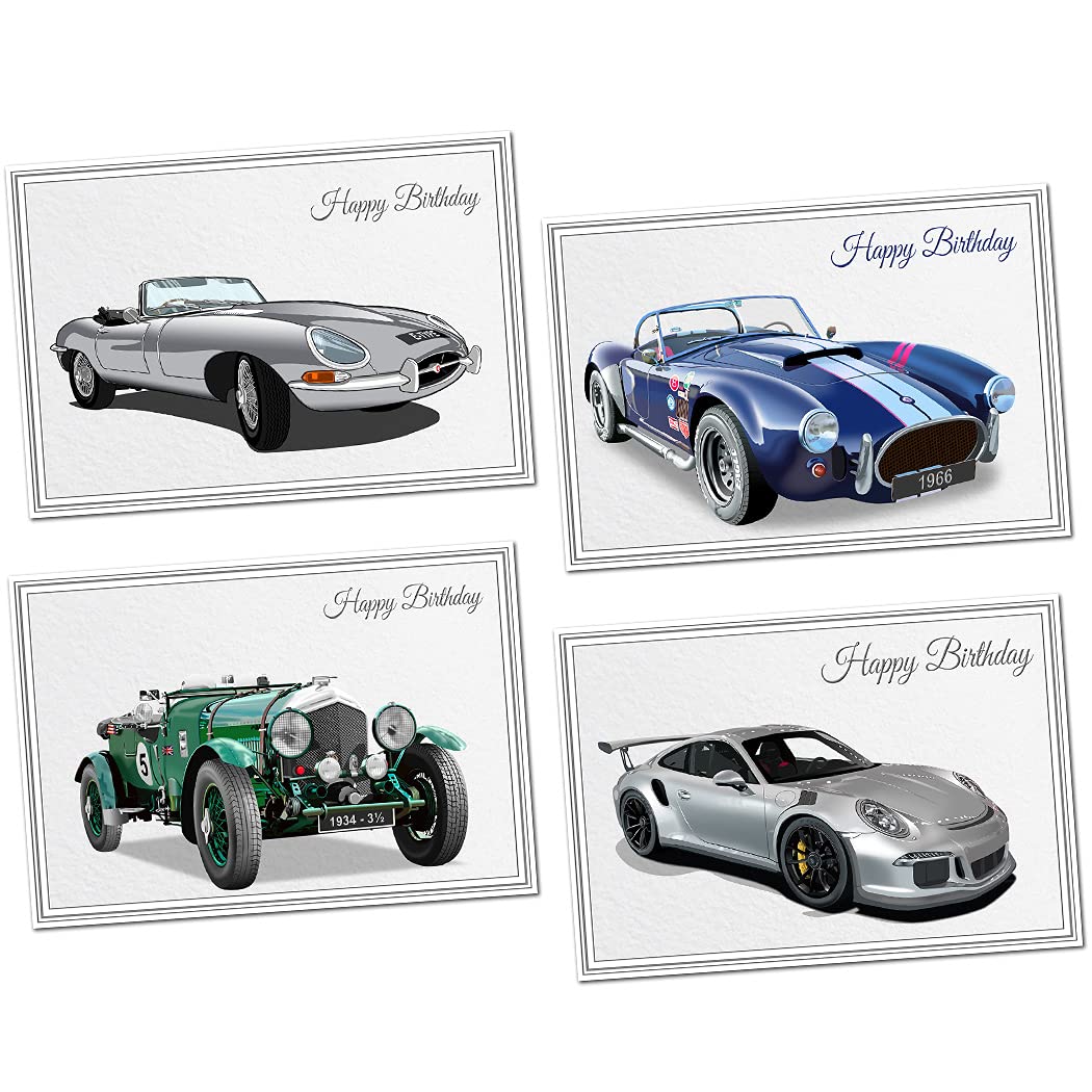 Special Pack of Birthday Cards for Men - Classic Car, Vintage Motor, Sports car, E-Type - Blank Inside - 4 Luxury Quality Cards - Unique Unusual Cool Vector Art for him - Value Male Multipack