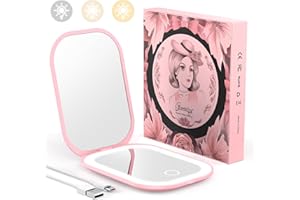Benbilry Ultra Slim Pocket Mirror with Light, 1X/3X Magnifying LED Compact Travel Mirror with 3-Colored Dimming Lights for Purse, 2-Sided, Handheld, Folding, Portable, Light Pink