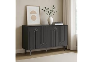 PatioPerk Sideboard Buffet Cabinet with Storage – Wood Kitchen Cabinet with Adjustable Shelf, Handleless Console Table for Dining Room, Modern Entryway Table with 4 Doors, Black