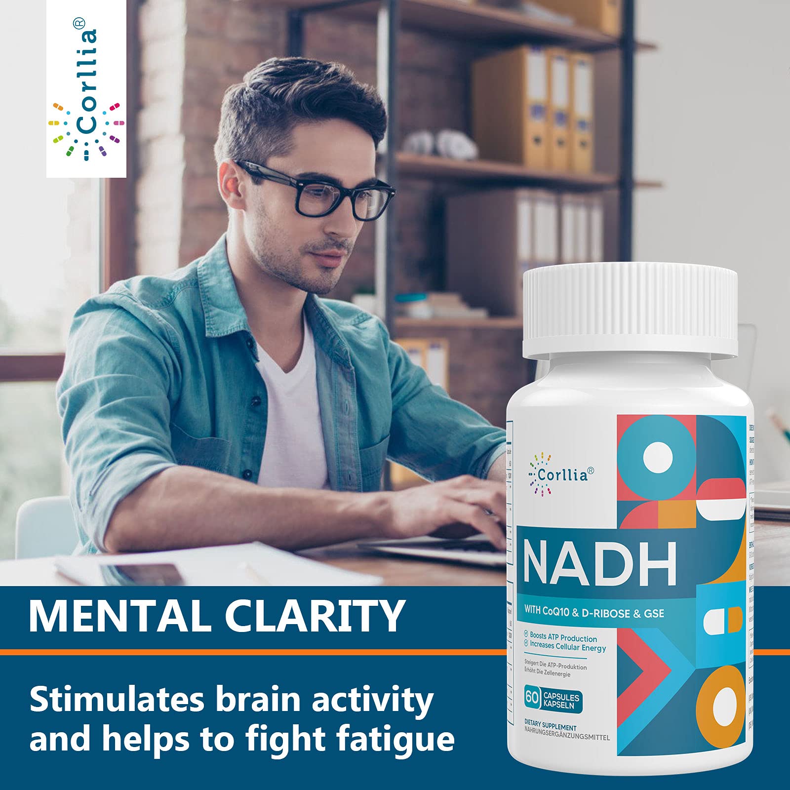 NADH + CoQ10 + D-Ribose Supplement, Enhance NAD+ Supplement for Energy, Fatigue , 60 Capsules