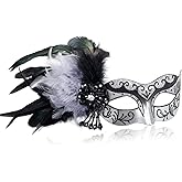MYSEUNI 2025 New Silver Women Masquerade Mask with Feathers - Womens Mascarade Venetian Mask for Masquerade Party, Mardi Gras, Halloween Cosplay Prom, Christmas