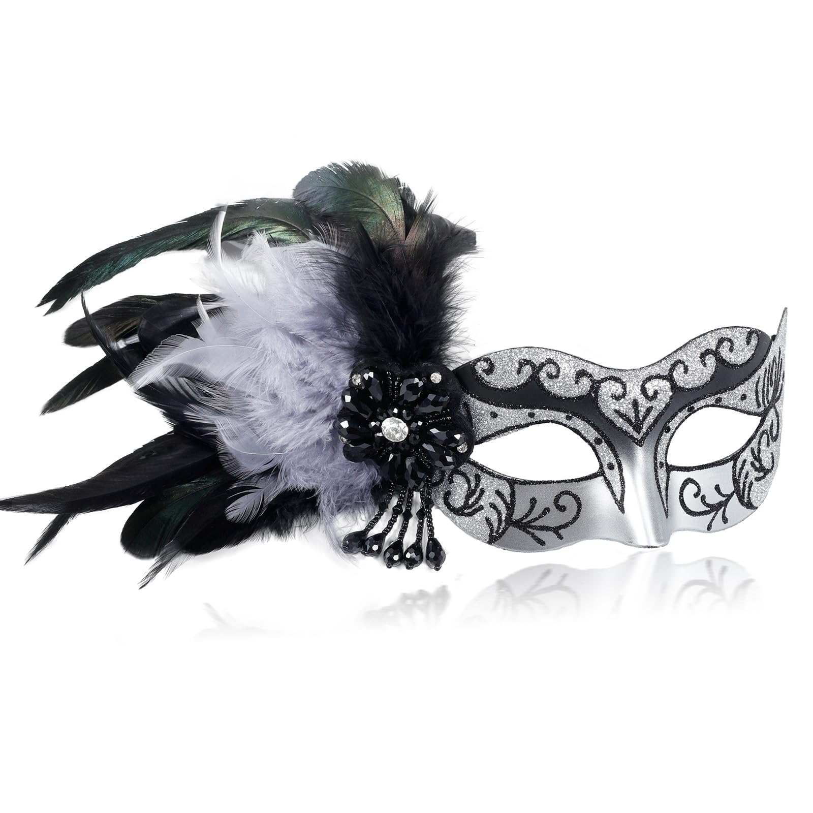 MYSEUNI 2025 Silver Women's Masquerade Mask with Feathers – Venetian Mask for Masquerade Party, Carnival, Halloween, Cosplay, Prom, Christmas
