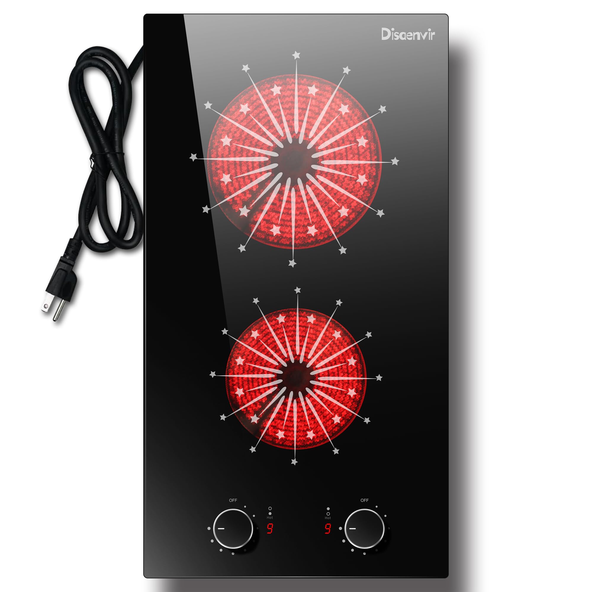 Photo 1 of Disaenvir 2 Burner Electric Cooktop - 12 Inch Electric Stove Built-in & Countertop, 120V Portable Two Burners Electrical Stovetop with Knob Control, Over Heat Protection, 9 Power Level, 110V Plug in