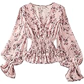 WDIRARA Women's Floral V Neck Layered Ruffle Blouse Boho Flounce Long Sleeve Smocked Peplum Top