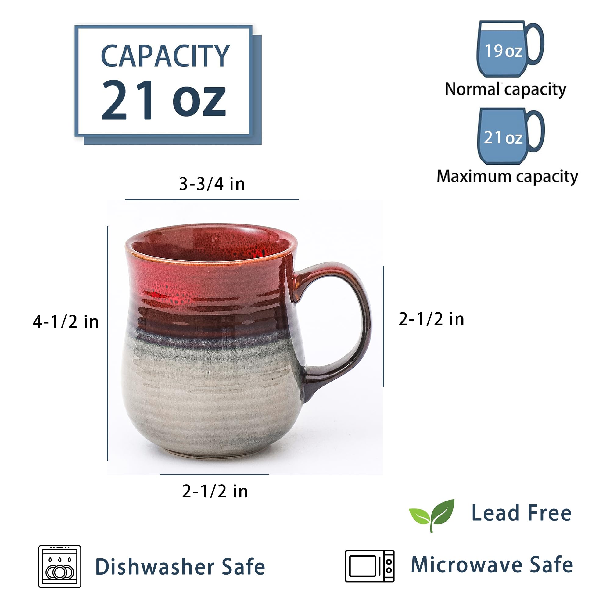21 oz Large Ceramic Coffee Mugs, Pottery Mug Handmade, Ceramic Tea Cups with Handle for Office and Home, Dishwasher and Microwave Safe (Ink Red)