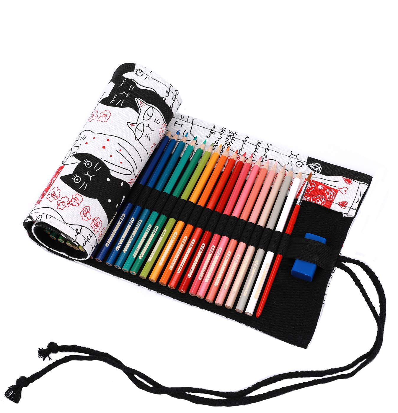 Amoyie Roll Up Pencil Case for 72 Coloured Pencils, Colouring Pens Organiser Bag, Artist Wrap, Canvas Holder, Cat