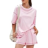 EXLURA Women's Casual Summer 2 Piece Sets 100% Cotton Short Sleeve Tshirt and Shorts Matching Sweatsuits Lounge Set 2026
