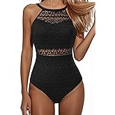 Holipick Crochet Tummy Control One Piece Swimsuit Modest Bathing Suit High Neck Full Coverage Swimwear