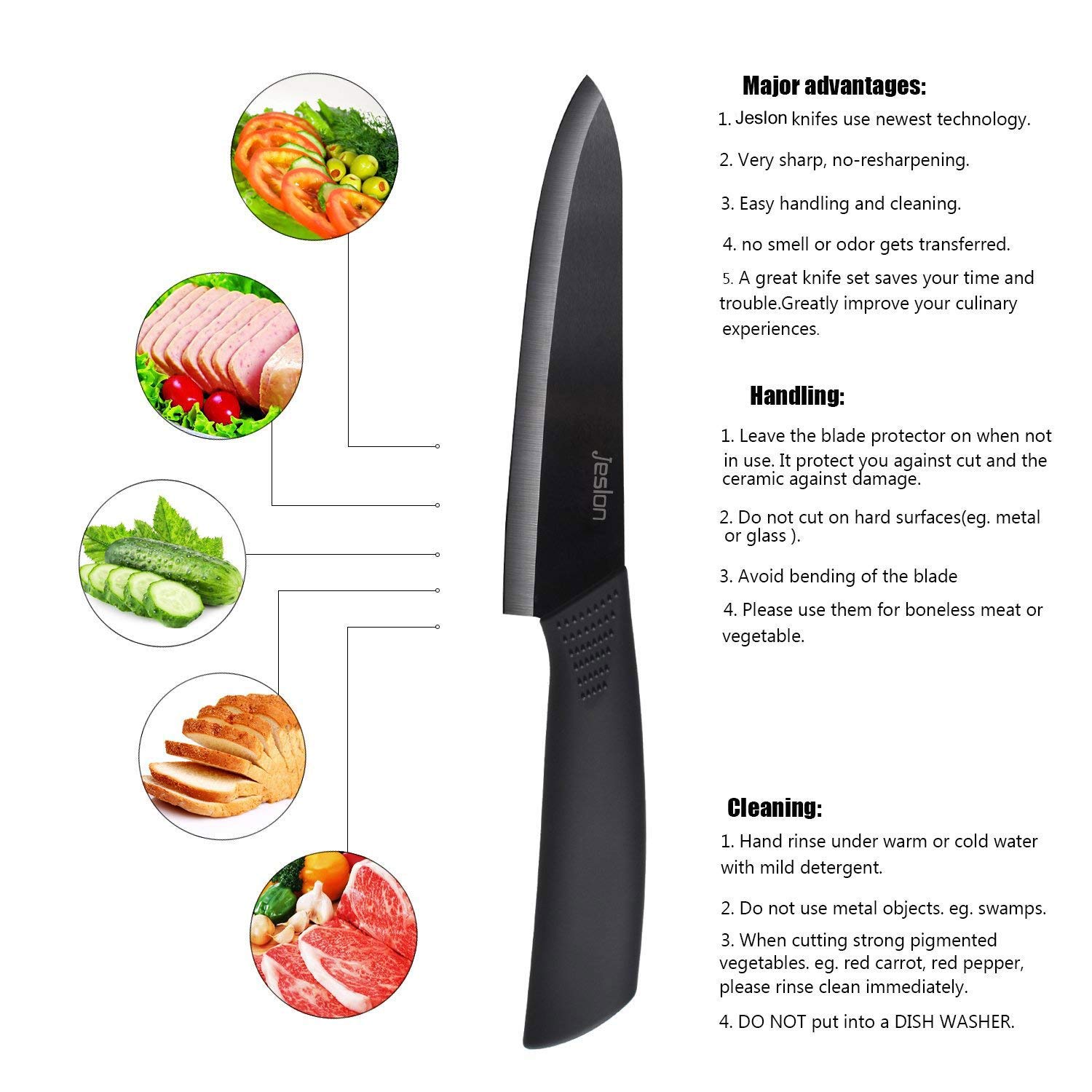Jeslon Kitchen Knives Set, 5 Piece Ceramic Knives Black Blade 3inch Paring Knife, 4inch Fruit Knife, 5inch Utility Knife, 6inch Chef Knife and One Peeler