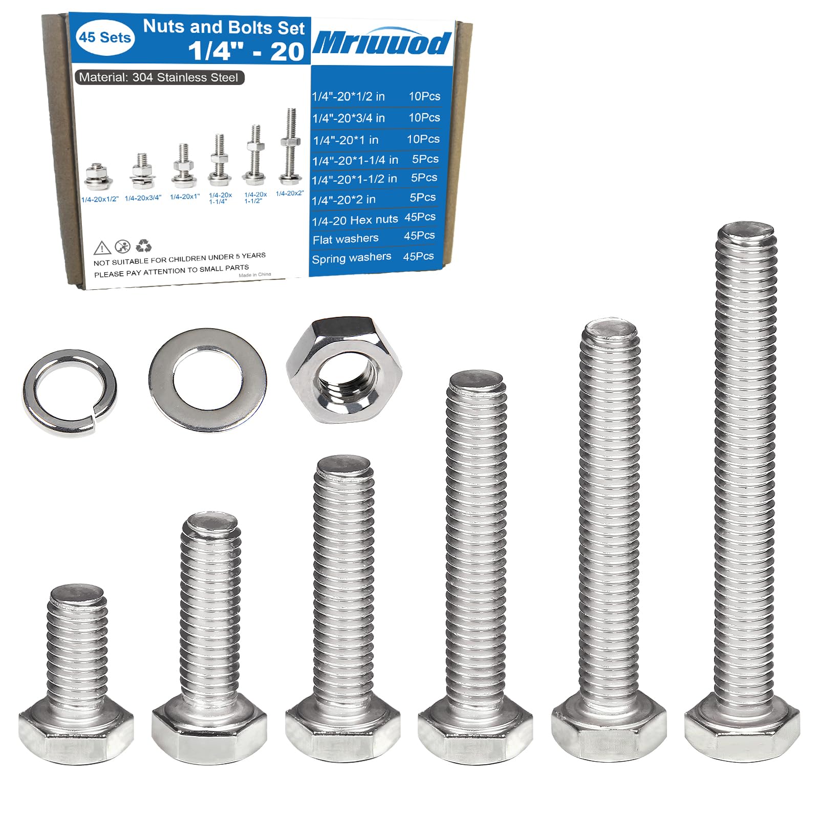 Photo 1 of 180pcs 1/4-20 Nuts and Bolts Assortment Kit, 1/4"-20 Thread 6 Sizes 2" 1-1/2" 1-1/4" 1" 3/4" 1/2" Long 1/4-20 Hex Bolts, Hex Nuts Flat Washers, Spring Washers SAE 304 Stainless Steel