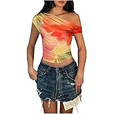 Milumia Women's Floral Off Shoulder Short Sleeve Crop Top Ruched Asymmetrical Tee Tops