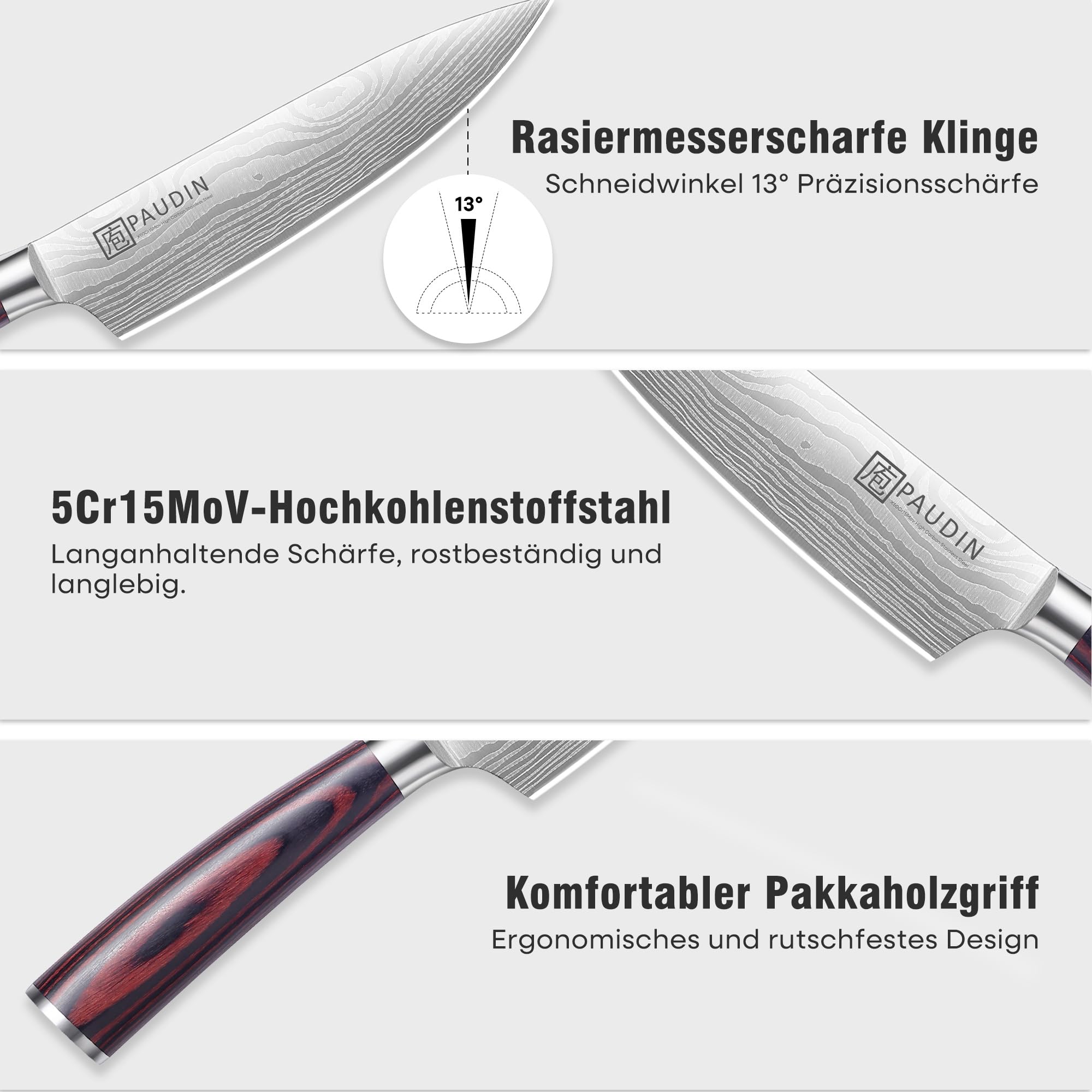 PAUDIN Kochmesser 15 cm Küchenmesser klein scharf profi Messer als Allzweckmesser Fleischmesser Gemüsemesser aus hochwertigem Edelstahl mit ergonomischem Holzgriff 3