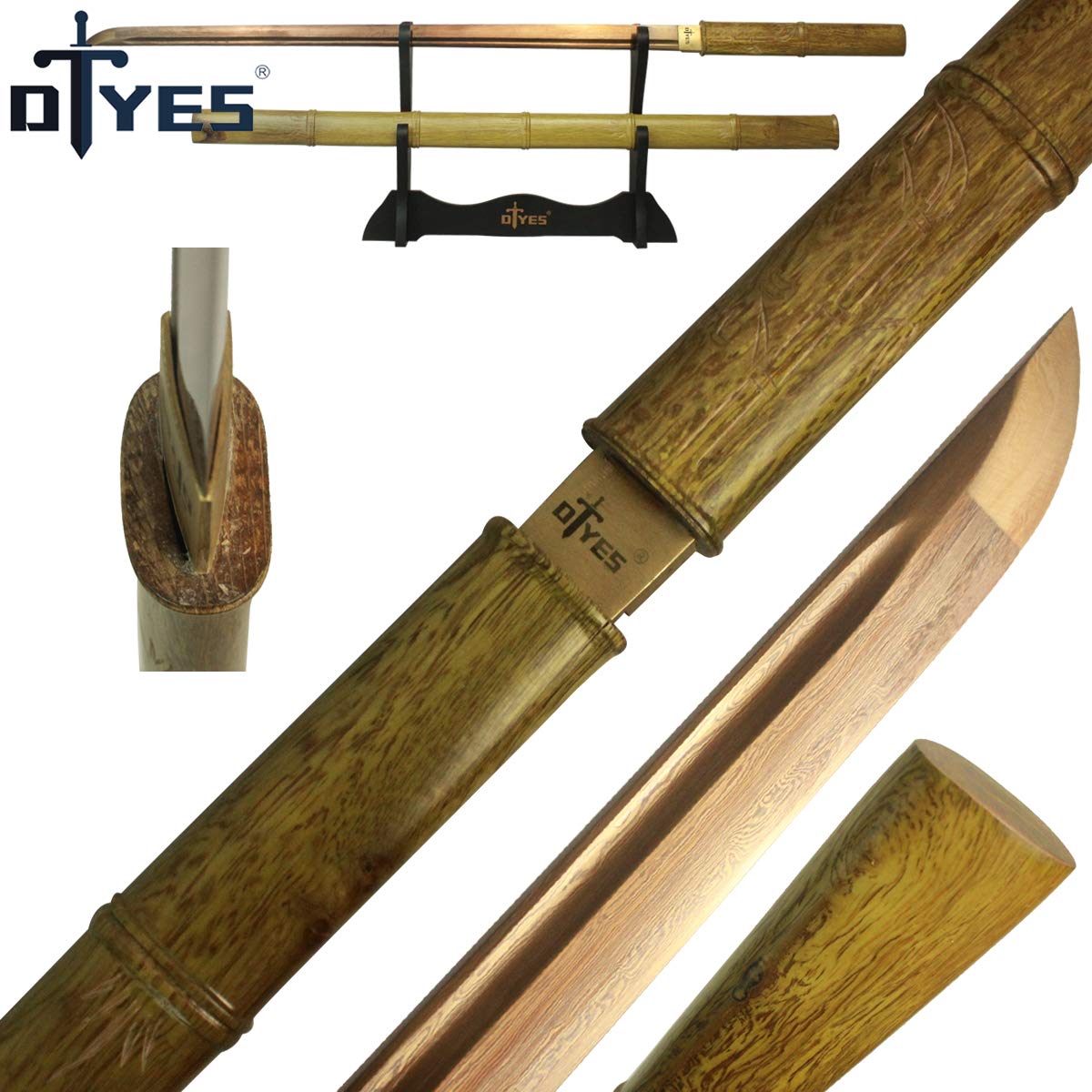 DTYES Full Handmade Japanese Katana Ninja Sword Machete, 1095 High Carbon Steel/Damascus Steel, Blue/Black/Yellow/Purple Baked Finish Blade, Heat Tempered, Sharp Double Edges, Wooden Scabbard