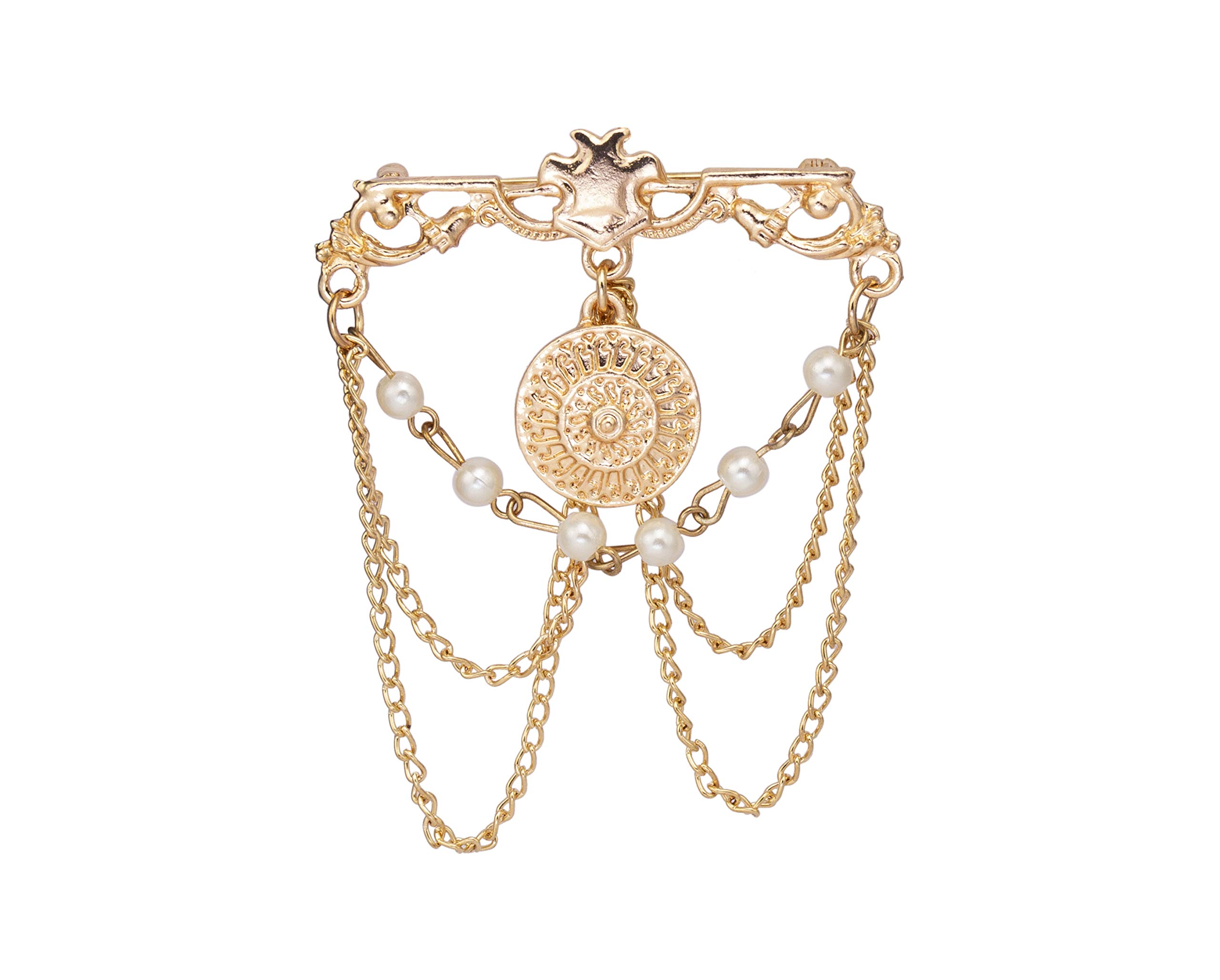 Brooch Lapel Pin for Men Gold Engraving Bar with Hanging Engraved Coin Imitation Pearl Chain Detailing Metal Lapel Pin Badge Coat Suit Wedding Gift Party Shirt Collar Accessories