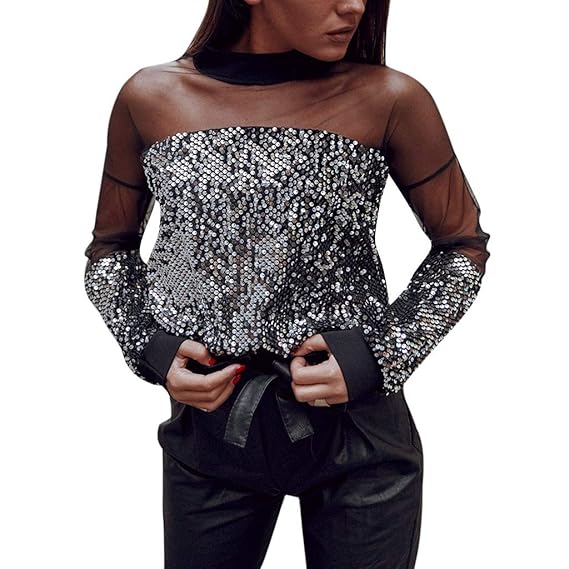 Luckhome Damen Bluse Elegant Rundkragen Langarm Tunika Leicht Oberteile Crop Festliche Blusen,Sexy Womens Sexy Pailletten Hoh