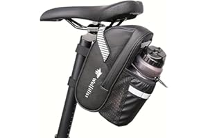 WOLFILIST Bike Saddle Bag - Waterproof Bicycle Seat Bag with Bottle Holder, Under Seat Pack Storage for Mountain and Road Bikes (White logo)