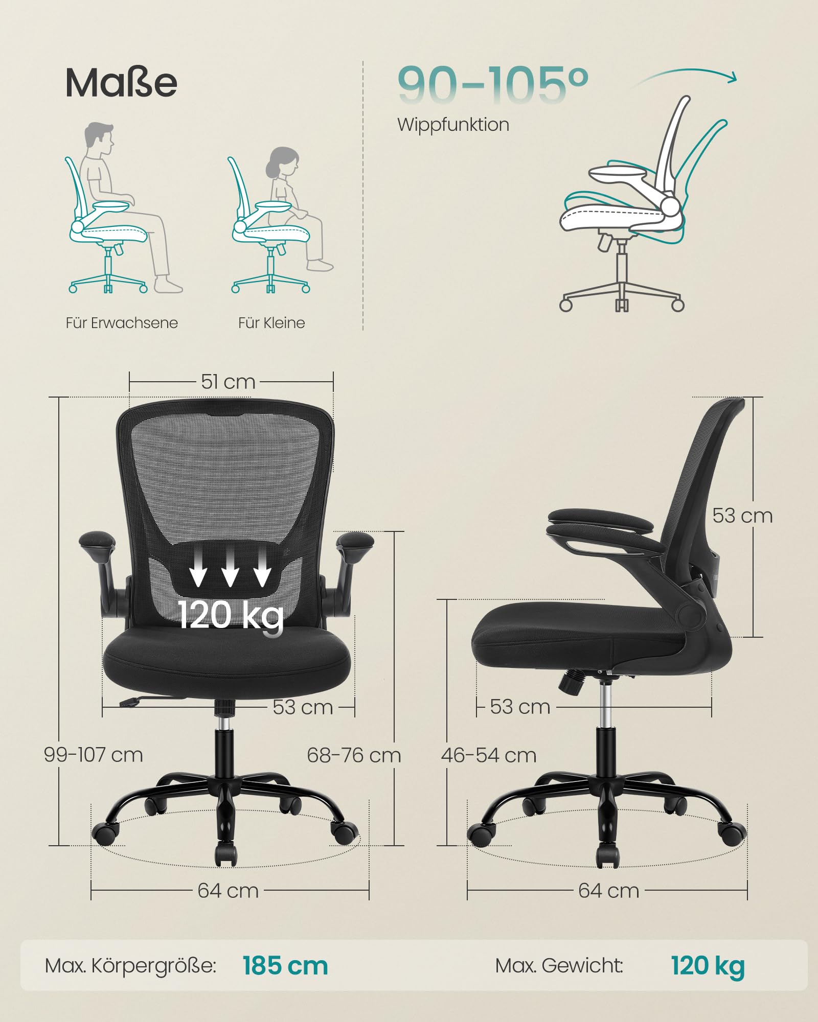 SONGMICS Bürostuhl ergonomisch, Drehstuhl mit Mesh, Lenden- und Kopfstütze, Wippfunktion, 53 cm große Sitzfläche, klappbare Armlehnen, Arbeits- und Schlafzimmer, Studenten, schwarz OBN37BK 3