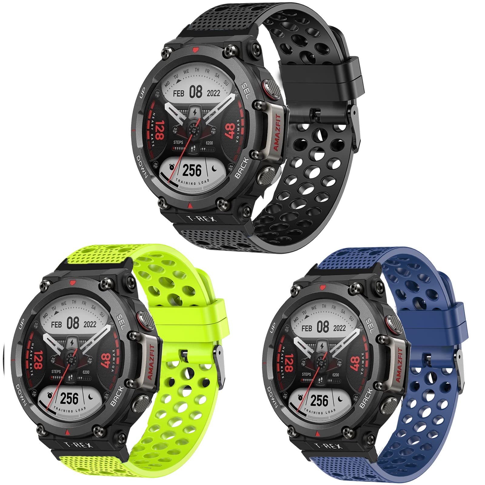 Compatible with Amazfit T-Rex 2 Bands, onetuo Silicone Replacement Wristbands Sport Strap with Metal Buckle Compatible with Amazfit T-Rex 2 Smart Watch (3 pack-Black+Blue+Green)
