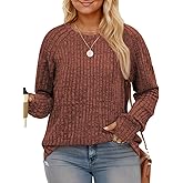Plus-Size Sweaters for Women Long Sleeve Trendy Crewneck Tops Casual Lightweight Ribbed Knit Tunics with Thumb Holes XL-5XL