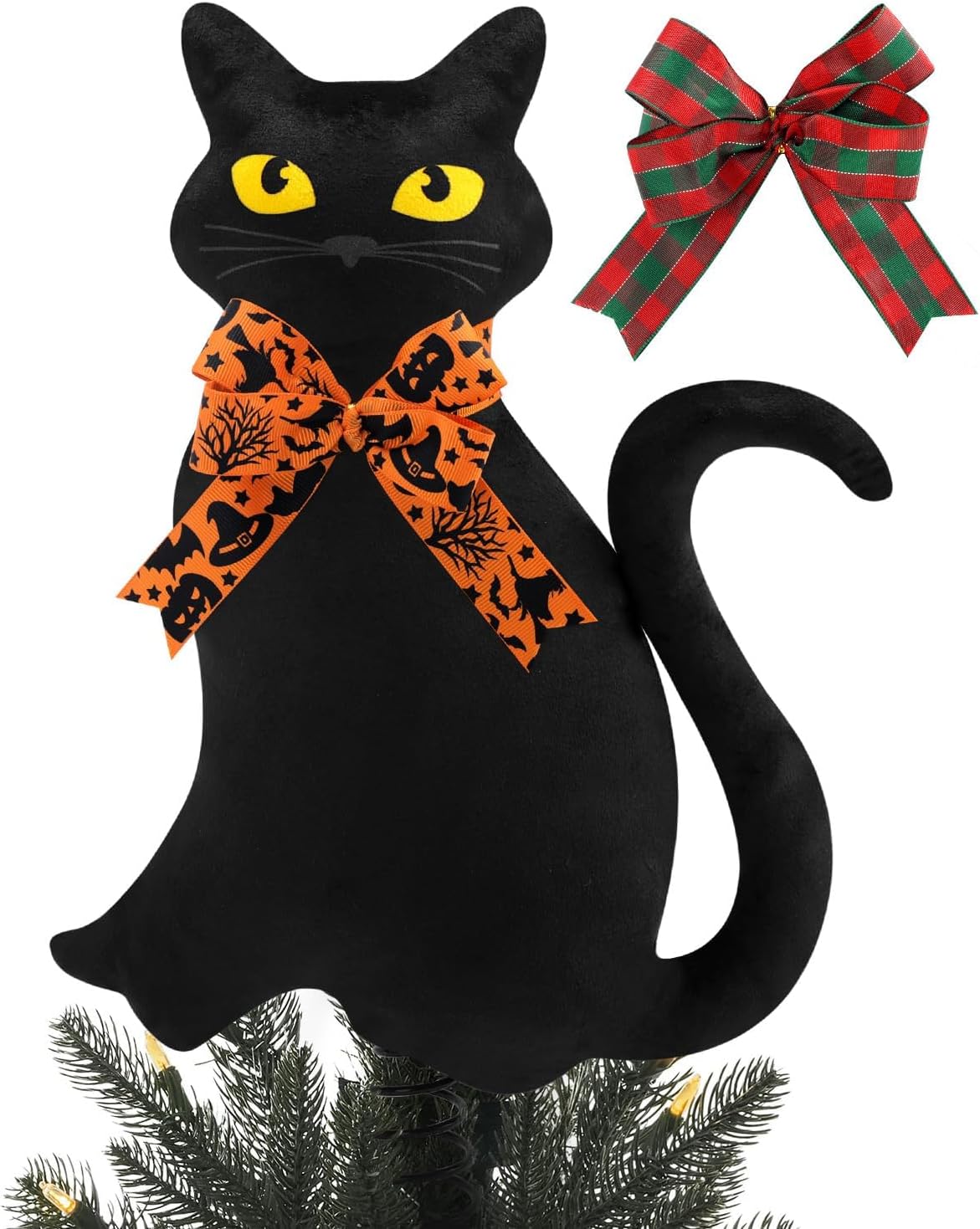 Tree Toppers - Black Cats Halloween Christmas Tree Topper with Stand and Changeable Bows Xmas Tree Ornament Winter Holidays Home Decorations Cat Lovers Gift Ideas