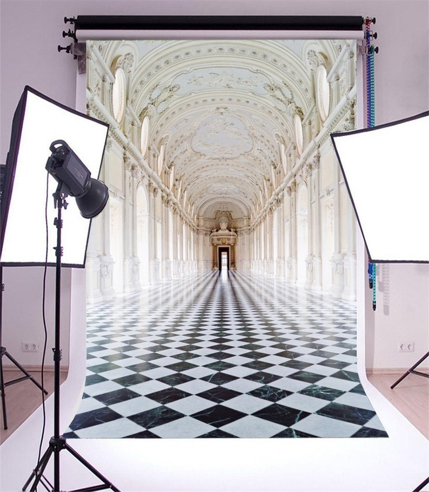 YongFoto 5x7ft Photography Backdrop Castle Palace Carving Embossment Wall Painting Black and White Marble Floor Interior Photo Background Backdrops Photography Video Party Wedding Photo Studio Props