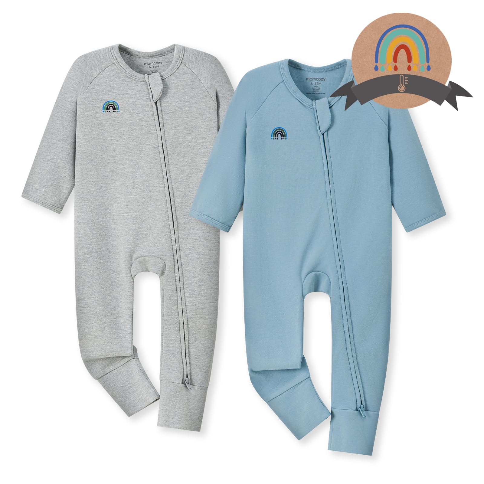 Photo 1 of ***ONE ONLY**Momcozy Unisex Baby Pajamas, Baby-Temp Monitoring Double Zipper Boy Girl Sleepers Rompers Footie, Med Wt Stretchy Cotton & Viscose Derived from Bamboo Baby Jammies, 6-12 M, Blue