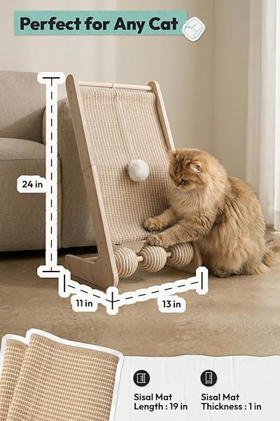 POMESEA CAT SCRATCHER FOR INDOOR CATS, L-SHAPED CAT SCRATCHING BOARD & RAMP, SOLID WOOD CAT SCRATCH PAD, WITH HANGING BALL & 3 BOTTOM PLAY BALLS, IDEAL FOR ALL CATS (WOOD GRAIN, L)