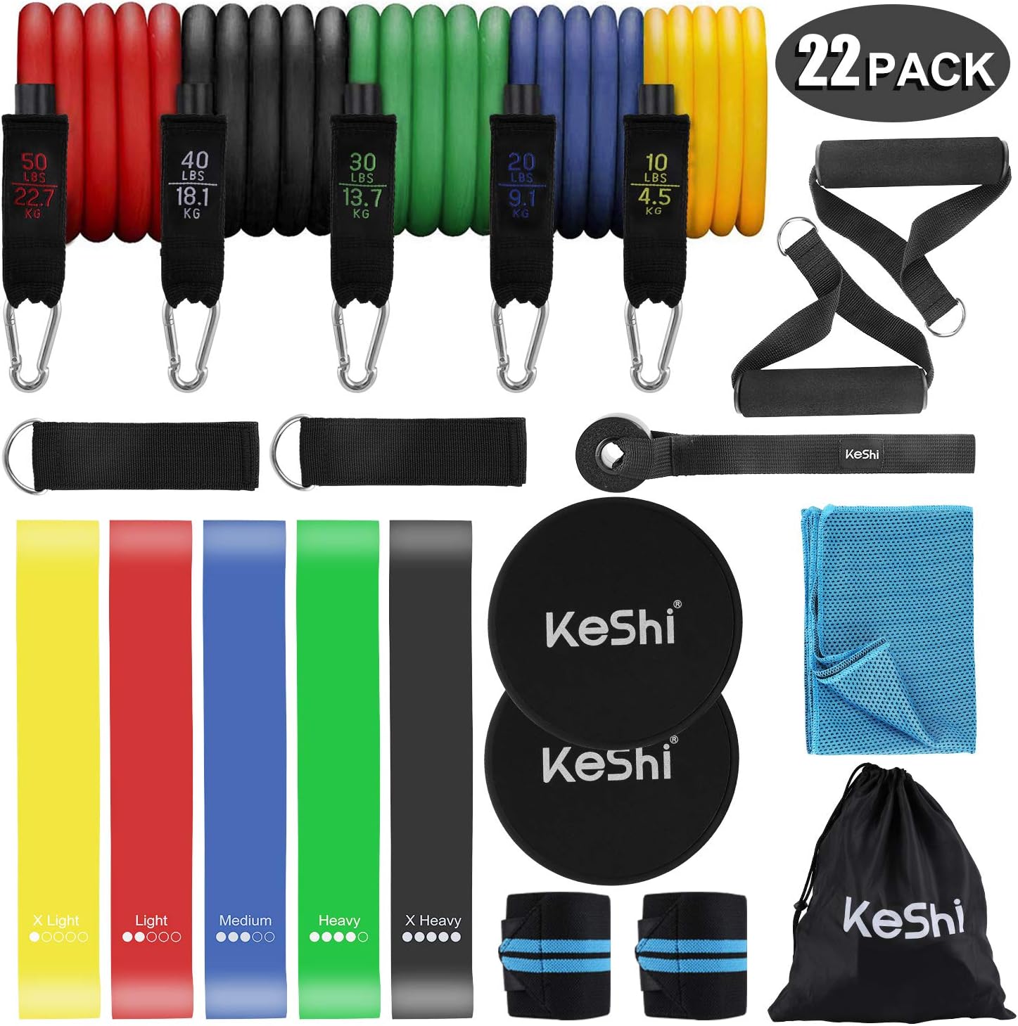 KeShi 22 Pack Resistance Bands Set Workout Bands, 5 Stackable Exercise Bands with Handles, 5 Loop Resistance Bands, Door Anchor, Ankle Straps, Wrist Wraps, Core Sliders, Cooling Towel & Guide Book