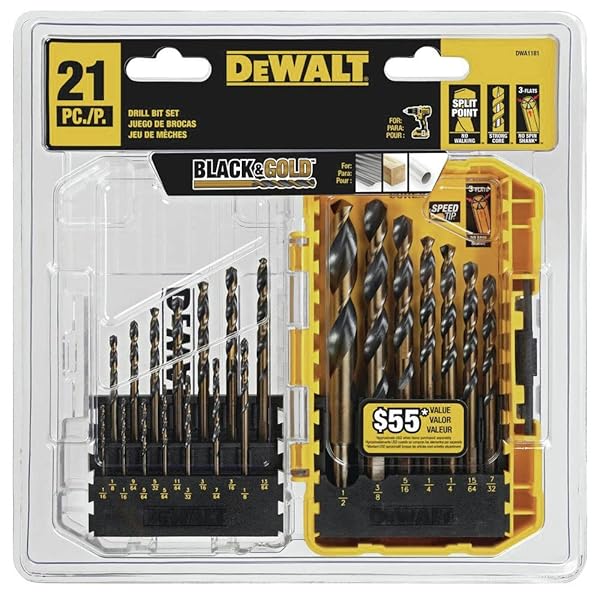 DEWALT DRILL BIT SET, 21 PC HIGH SPEED STEEL DEWALT BITS, BLACK AND GOLD OXIDE COATED, 135 DEGREE SPLIT POINT, 31 DEGREE HELIX (DWA1181)
