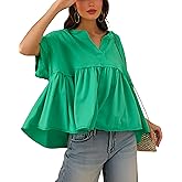 KGGT Women's Summer Babydoll Tops V Neck Short Sleeve Peplum Blouse Casual Loose Fit Pleated Flowy Shirts