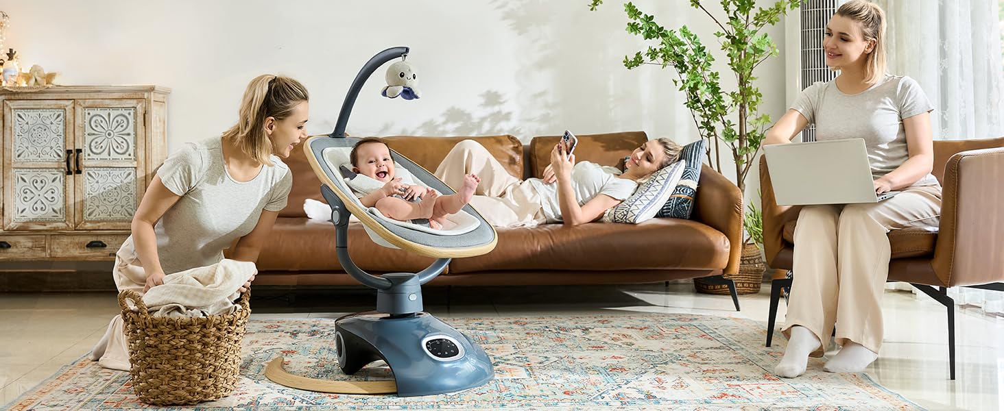 VaVaSoo Electric Baby Swing Newborn for Infants with 5 Speeds, Multi Motion 3D Baby Rocker for Girl Boy Swingset Indoor with 13 Melodies Music, Remote Control, Dark Gray