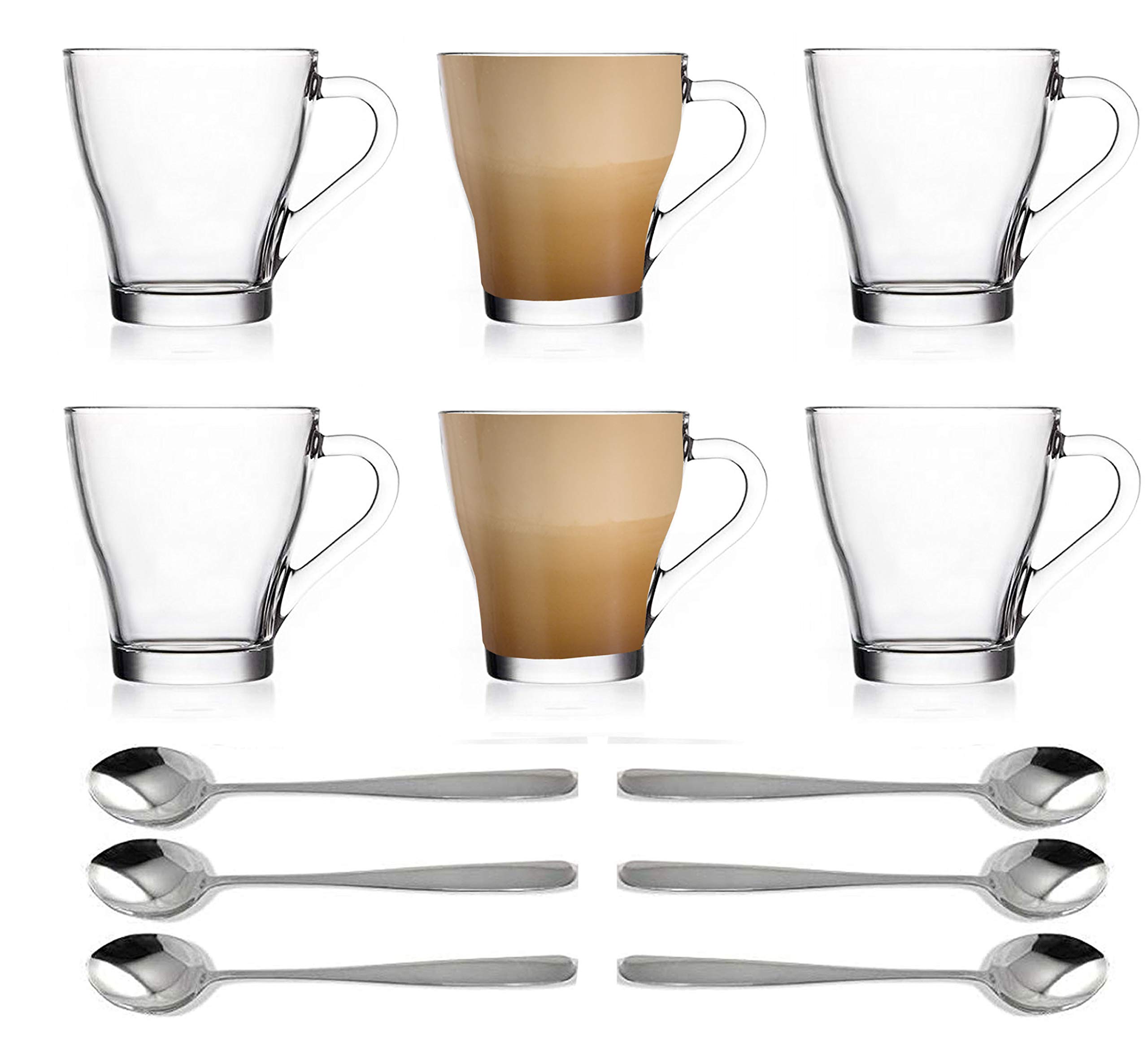EVER RICH ® 250ML Latte Glass Tea Coffee Cup Mug (Fits Tassimo & Dolce Gusto) 6 Glasses + 6 Spoons