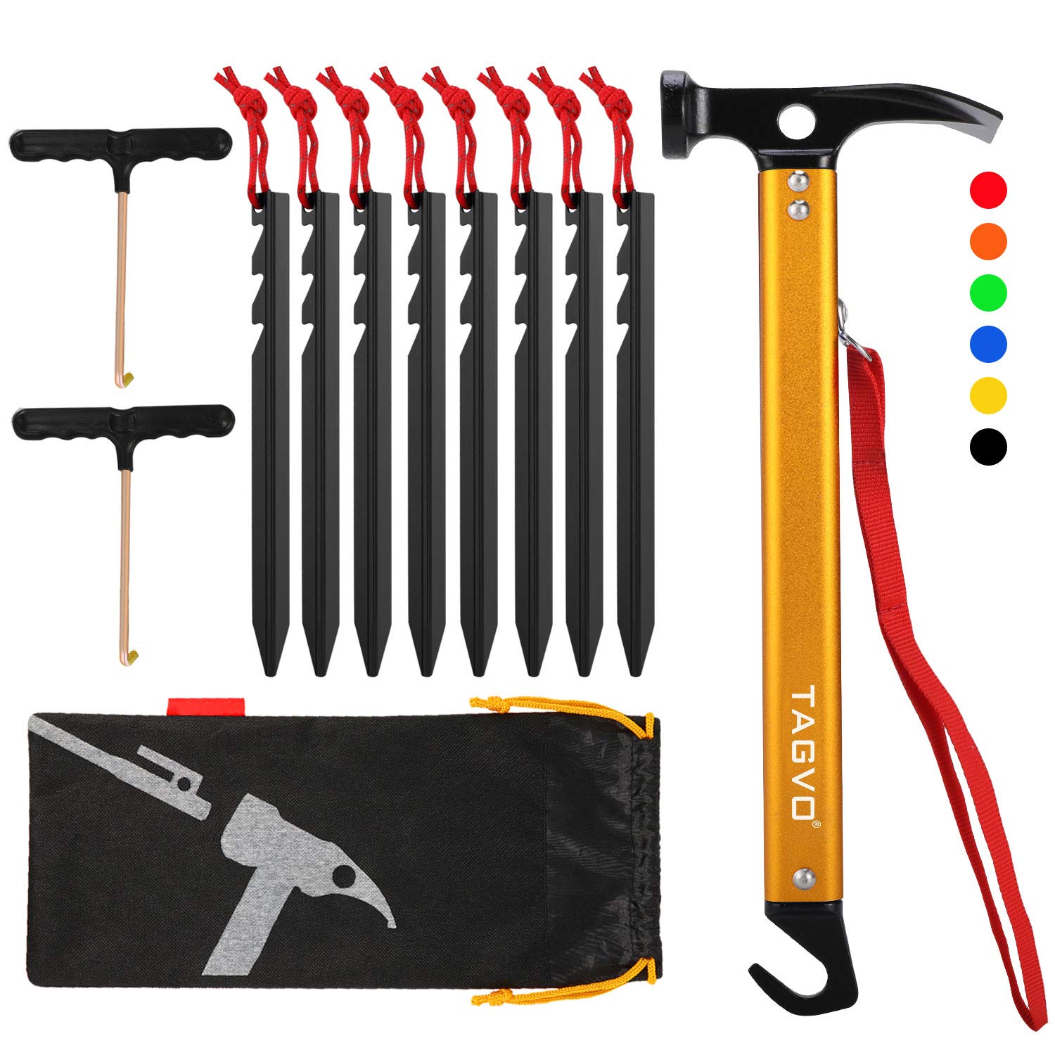 TAGVO Camping Hammer with 8 PCS Aluminum Alloy Tent Pegs and 2 PCS Multifuctional Tent Stakes Puller Set with Storage Bag, Multifunction Aluminum Tent hammer Camping Mallet Portable for Camping
