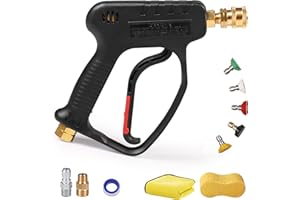 MEKOH High Pressure Washer Short Gun, 5000 PSI 10.5 GPM Industrial Pressure Power water Spray Gun, with 5 Nozzle Tips, 1/4'' Outlet, 3/8'' Quick Connect，M22-14mm Fitting, PTFE Tape and Car Sponge