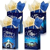 Funrous 34 Pcs Christmas Nativity Gift Bags Joy to the World Goodie Present Bags with Handles Merry Christmas Kraft Paper Treat Package with Tissue Paper for Holy Nativity Religious Festival Party
