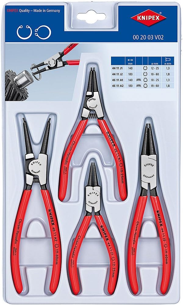 KNIPEX Set of Circlip Pliers 4 Parts, 00 20 03 V02, Multi Color, for diameter 10-25, 12-25, 19-60 mm