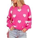 Women's Bright Pink Fuzzy Valentine Hearts Drop Shoulder Sweater Casual Heart-Shaped Long Sleeve Pullover Tops