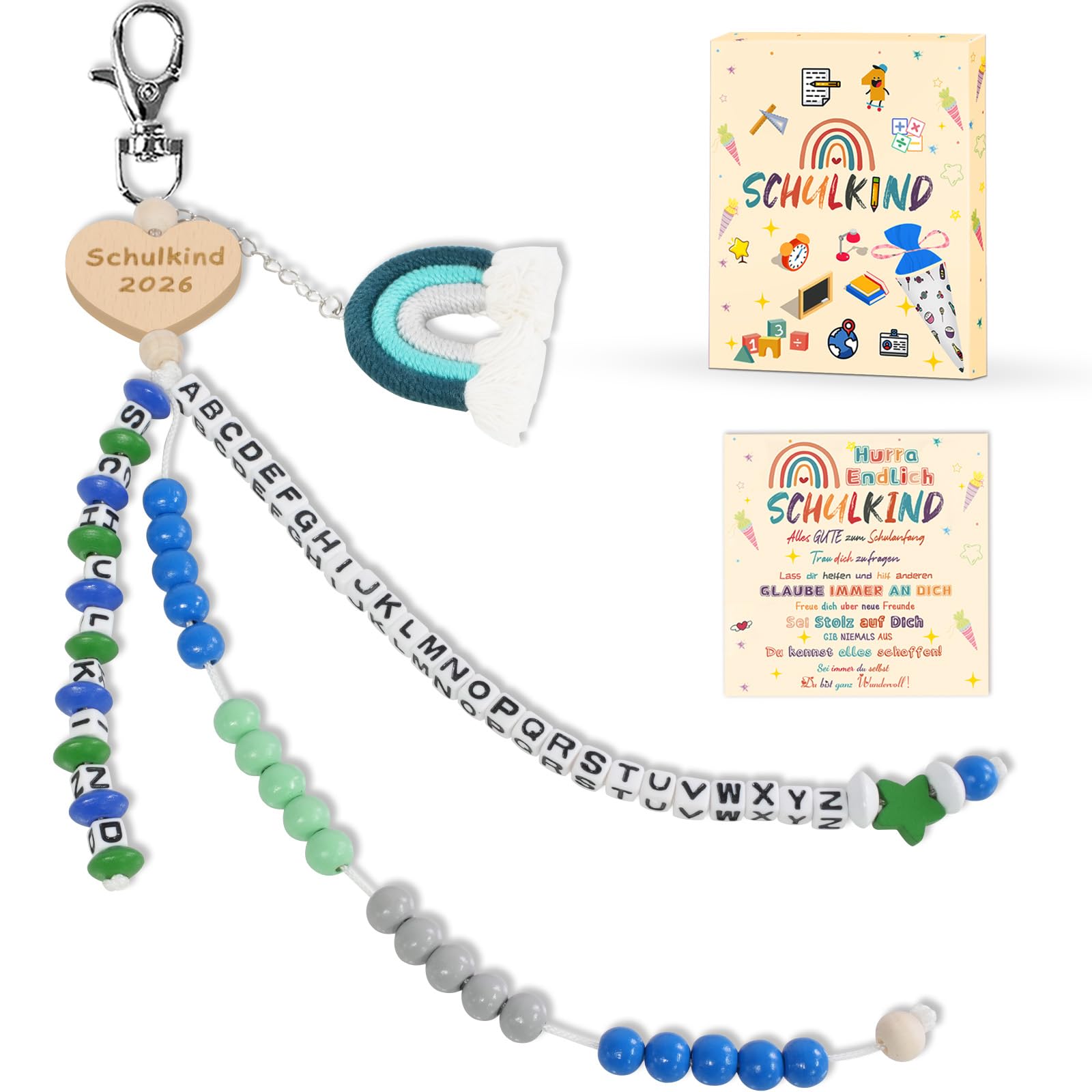 KUPITM6 Rechenkette Geschenk Einschulung Jungen, Glücksbringer Schulanfang Junge, Schlüsselanhänger Glücksbringer Schultüte Füllung, Schulanfang Geschenke mit Grußkarte Geschenkbox