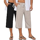 Neer 2 Pack Men's Linen Capri Pants, Lightweight Baggy 3/4 Shorts Drawstring Elastic Waist Beach Yoga Pants with Pockets