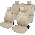 Pariiaotin Premium Leather Car Seat Covers Full Set, Waterproof Full Seat and Split Rear Bench Seat Covers for Cars,Universal Automotive Interior Covers for Sedan SUV Truck Van Pick-up, Beige