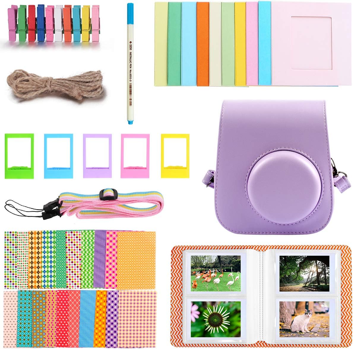 SAIKA Instant Camera Accessories Compatible with Fujifilm Instax Mini 11, Bundle Set Include Camera Case, Album, Strap, Frames, Stickers, etc. (Purple)