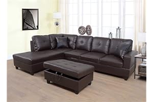 A Ainehome Sectional Sofa Faux Leather Modern L Shaped Couch Set 103.5”Wide Including Chaise and 3 Seating Sofa with Storage Ottoman for Living Room Furniture (Left Hand Facing, B-Brown)
