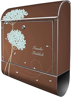 Banjado Design Briefkasten personalisiert mit Motiv WT Blaue Hortensie | Stahl pulverbeschichtet mit Zeitungsrolle | Größe 39x47x14cm, 2 Schlüssel, A4 Einwurf, inkl. Montagematerial
