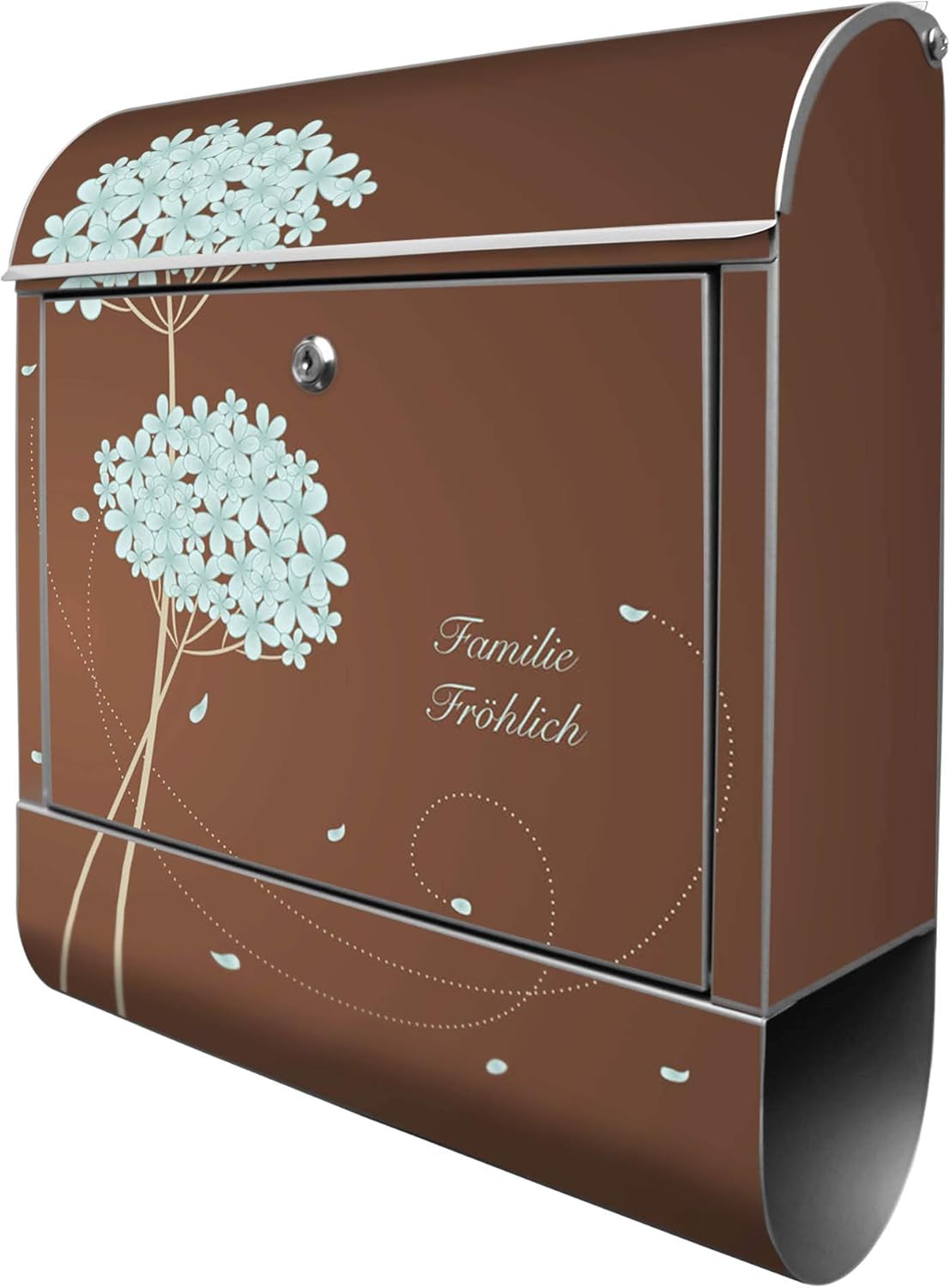 Banjado Design Briefkasten personalisiert mit Motiv WT Blaue Hortensie | Stahl pulverbeschichtet mit Zeitungsrolle | Größe 39x47x14cm, 2 Schlüssel, A4 Einwurf, inkl. Montagematerial