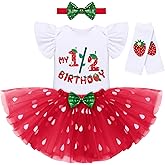 IDOPIP Baby Girls Strawberry 1/2 1st 2nd 3rd Birthday Outfit Romper Tutu Skirt Headband Leg Warmers for Cake Smash Photoshoot